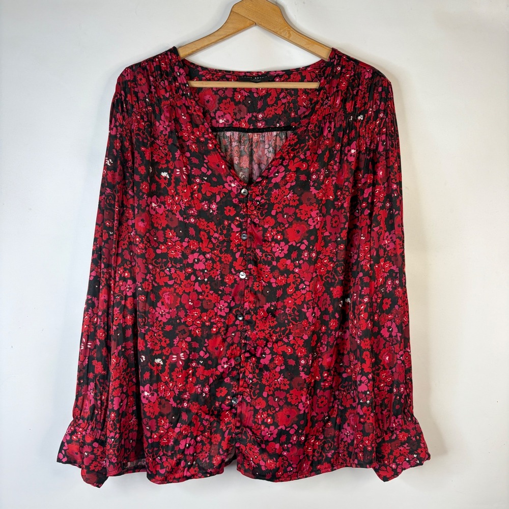 Lane Bryant Blouse Women 22/24 Red Pink Floral Button Front V-Neck Long Sleeve